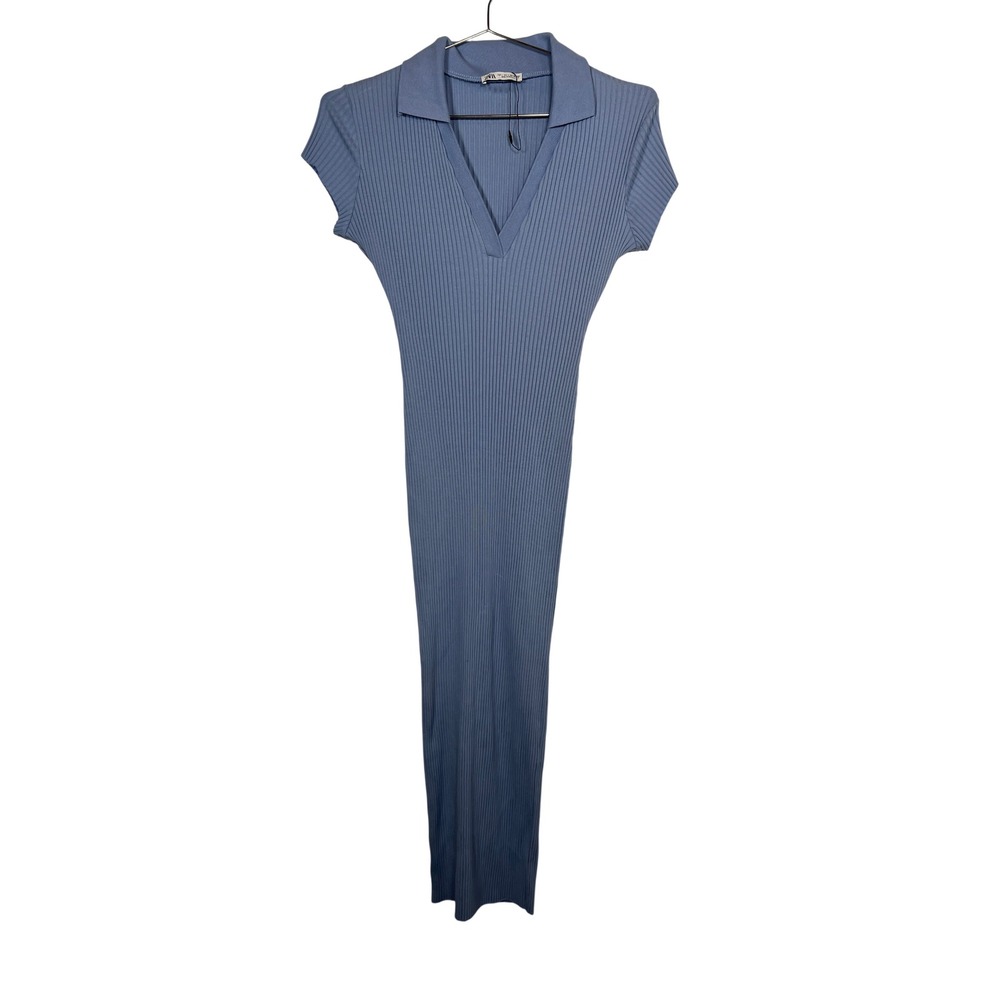 Zara Blue Ribbed Bodycon Maxi Dress Collared V-Neck Cotton Knit Large